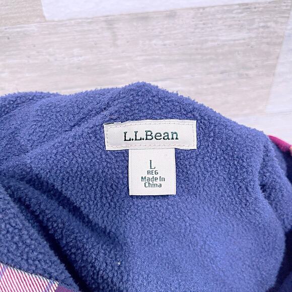 LL Bean Hooded Fleece Lined Shacket Red Blue Plaid Shirt Jacket Womens Large - Picture 5 of 6